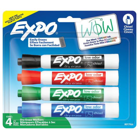 Marqueurs effaçables à sec Expo à faible odeur – Pointe biseautée – Couleurs assorties – Paquet de 4