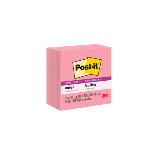 Post-it Super Sticky Notes - 3" x 3" - Neon Pink- 350 sheets - 5 Pack