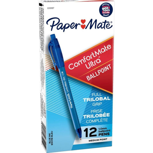Stylos à bille Paper Mate Comfortmate Ultra - Rétractables - 1,0 mm - Bleu - Lot de 12