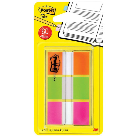 Étiquettes Post-it, 2,5 cm, vert citron/orange/rose, paquet de 60