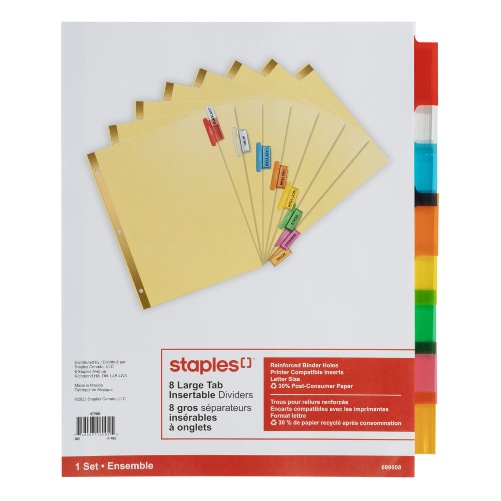 Staples Large Tab Insertable Dividers - 8 Tabs - Assorted Colours