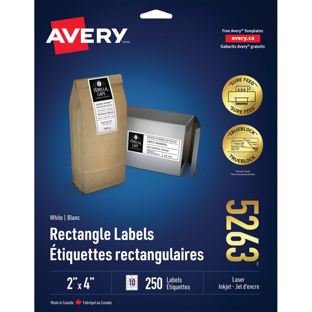 Avery TrueBlock Laser/Inkjet Shipping Labels - 2" x 4" - White - 250 Pack