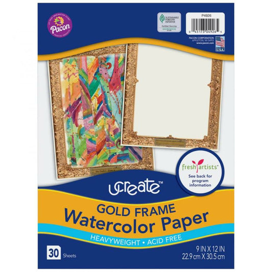 UCreate Gold Frame Watercolor Paper, Gold Frame, 9" x 12", 30/pkg.