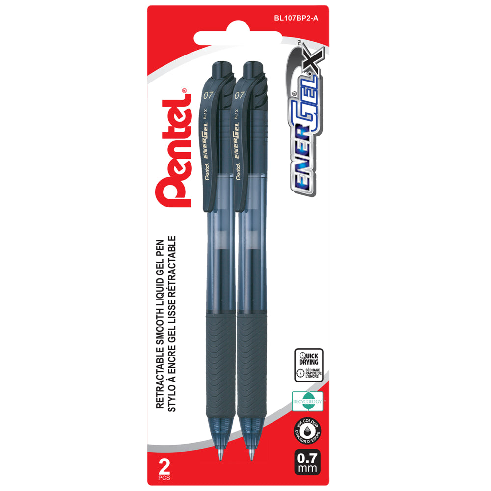 Pentel EnerGel-X Retractable Gel Roller - 0.7mm Metal Tip - Black Ink - 2 Pack