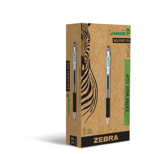 Stylo à bille rétractable Zebra Jimnie Clip Eco - Pointe moyenne - 1,0 mm - Encre noire - Lot de 12