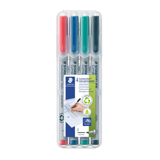 Marqueurs effaçables à l'eau non permanents Staedtler Lumocolor - Pointe fine - Couleurs assorties - Lot de 4