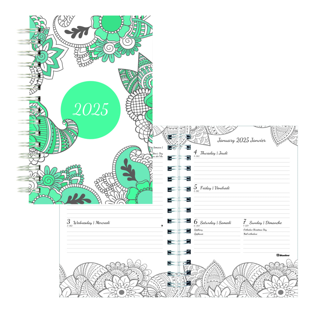 Blueline 2025 DoodlePlan Colouring Weekly/Monthly Colouring Planner - 8" x 5" - Botanica Design - Bilingual