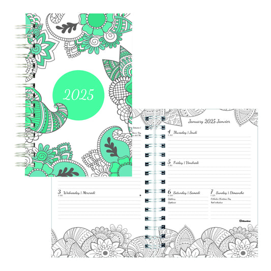 Blueline 2025 DoodlePlan Colouring Weekly/Monthly Colouring Planner - 8" x 5" - Botanica Design - Bilingual