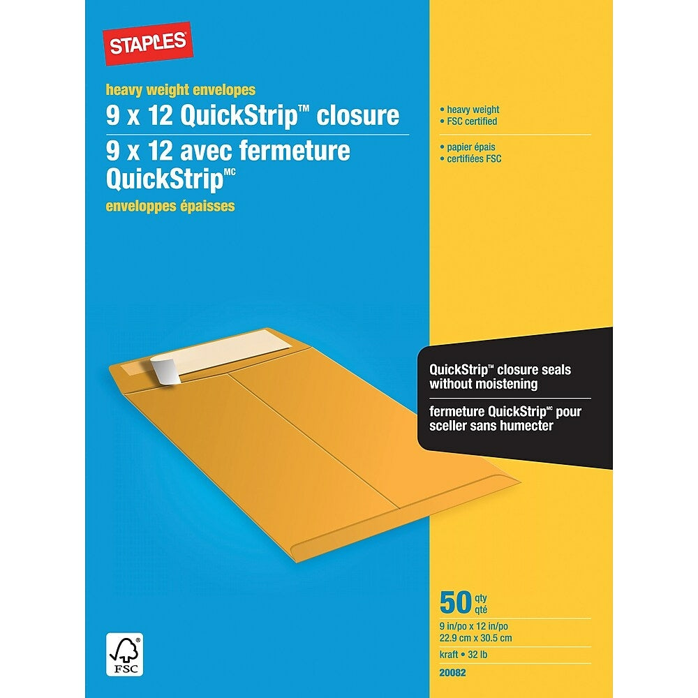 Enveloppes pour catalogue Staples Heavyweight avec rabat QuickStrip - 9" x 12" - Kraft brun - Paquet de 50