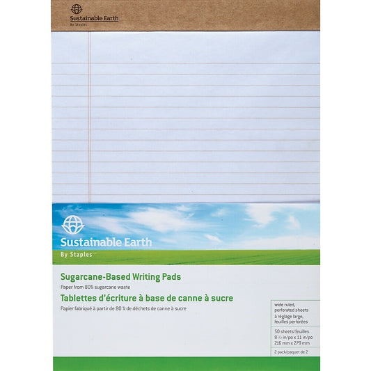 Sustainable Earth by Staples Sugarcane-Based Writing Pads - 8-1/2" x 11" - Wide-Ruled - White - 50 Sheets - 2 Pack