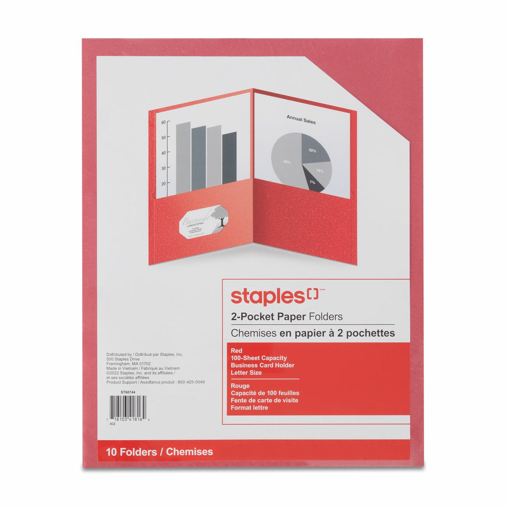 Porte-documents Staples à deux poches - Rouge - Paquet de 10