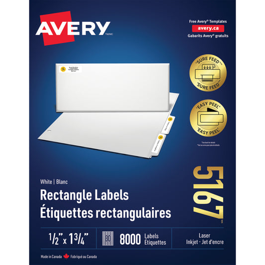 Étiquettes d'adresse de retour Avery Easy Peel pour imprimantes laser/jet d'encre - 1-3/4" x 1/2" - Blanches - Paquet de 8 000 (5167)