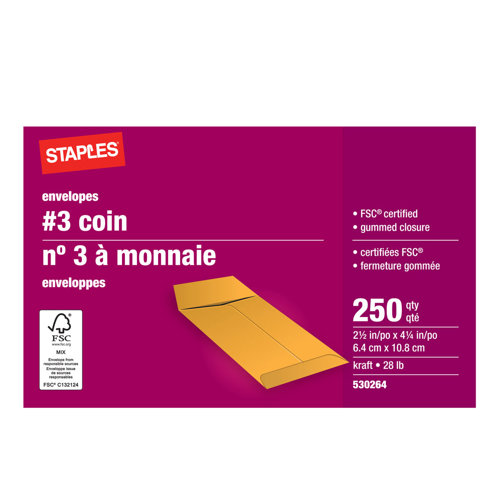 Staples #3 Kraft Coin Envelopes with Gummed Flaps - 2-1/2" x 4-1/4" - Brown - 250 Pack