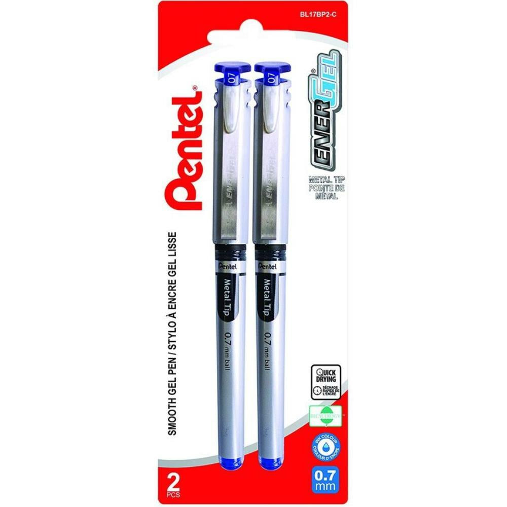 Stylos gel Pentel Energel à pointe métallique, 0,7 mm, bleu, lot de 2
