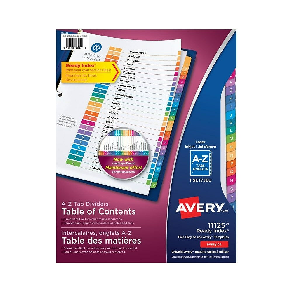 Intercalaires Avery Ready Index AZ pour imprimantes laser et jet d'encre - 26 onglets - Multicolore