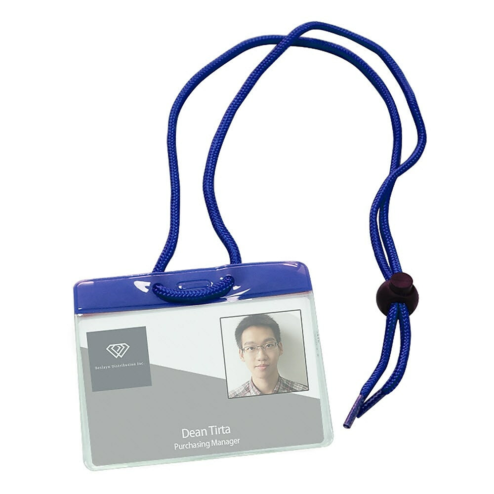 Beslayn Horizontal Heavy Duty Vinyl All-In-One Colour ID Badge Holder with Neck Cord, 3-5/8" x 2-5/8", Clear, Blue, 50 Pack