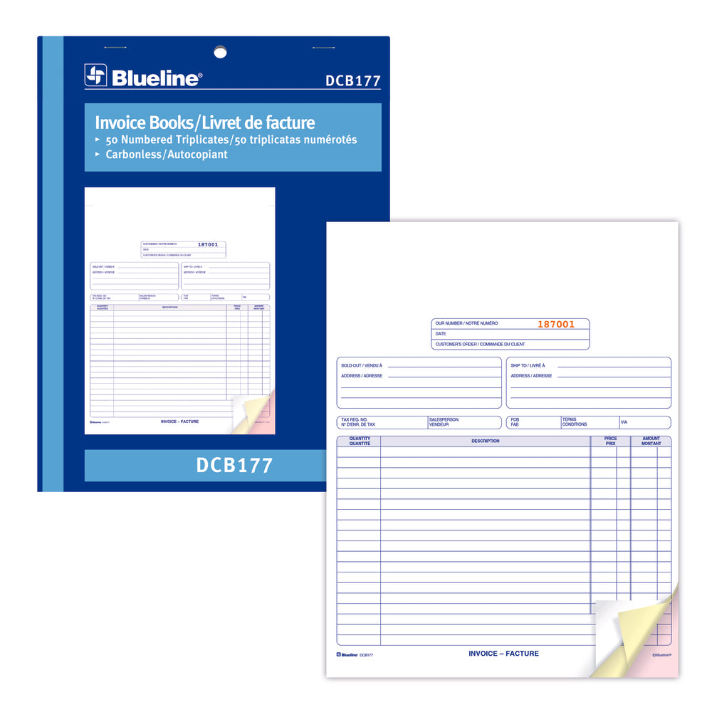 Blueline DCB177 Bilingual Invoices Book - 50 Triplicates