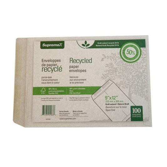 Enveloppes pour catalogue Supremex en papier kraft naturel robuste, certifiées FSC, 24 lb, naturel, 9 po x 12 po, paquet de 100 (18319FSC)