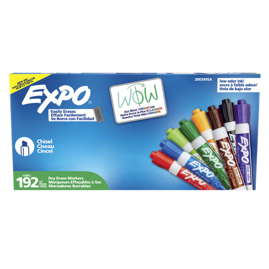 Expo Low-Odour Dry Erase Markers - Chisel Tip - Assorted Colours - 192 Pack