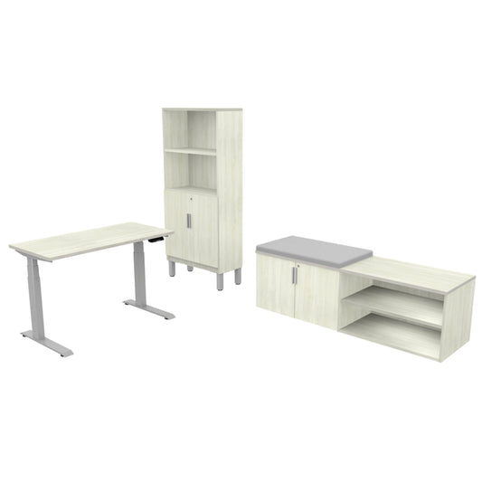 Heartwood HDL Levels Height Adjustable Desk with Open and Closed Bench Storage Suite - Winter Wood Silver