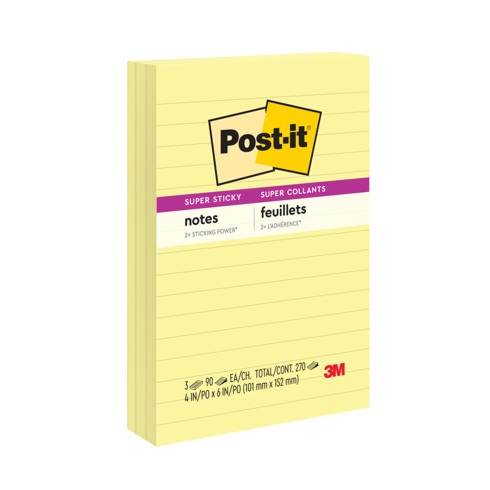 Post-it Super Sticky Lined Notes - 4" x 6" - Canary Yellow - Lined - 270 Sheets- 3 Pack