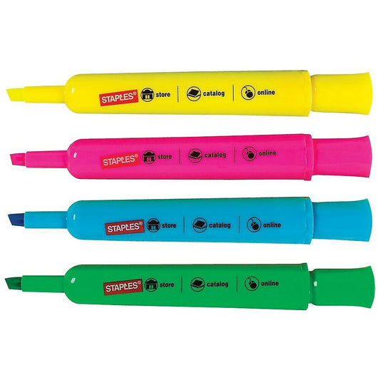 Surligneurs Staples à pointe biseautée, style réservoir, couleurs assorties, paquet de 12