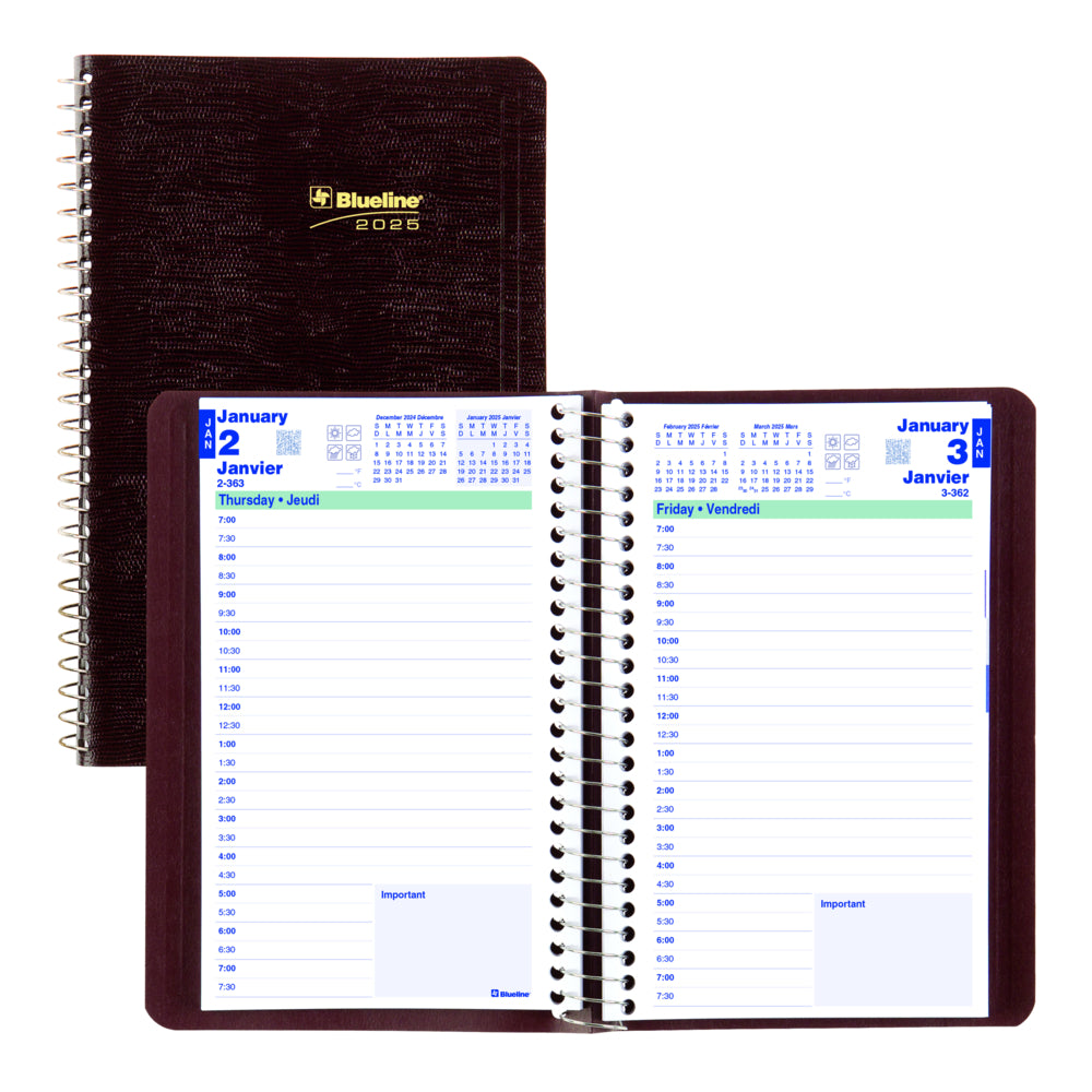 Blueline 2025 Daily Planner Spiral Binding Soft Lizard-Like Cover - 8" x 5" - Burgundy - Bilingual