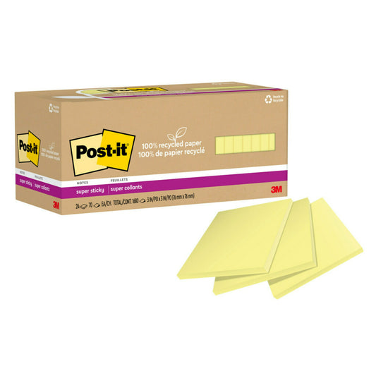 Post-it Recycled Paper Super Sticky Notes - 3" x 3" - Canary Yellow - 24 Pack