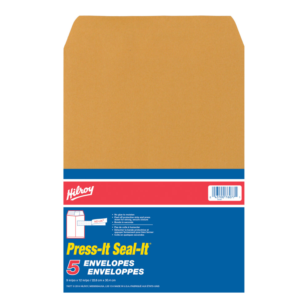 Enveloppes Kraft Hilroy Press-it Seal-it - 9" x 12" - Paquet de 5
