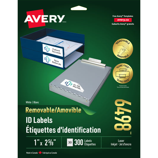 Étiquettes d'adresse amovibles Avery blanches pour imprimantes laser/jet d'encre, 2-5/8" x 1", paquet de 300 (06498)