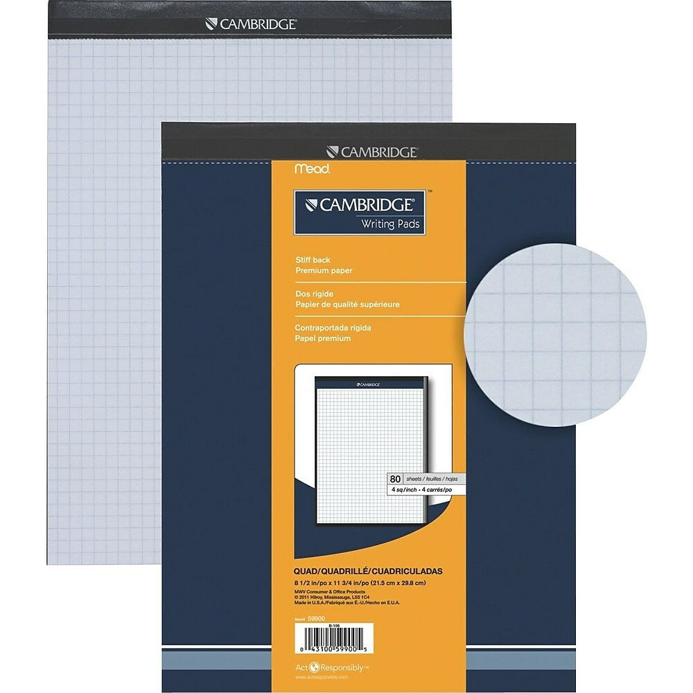 Cambridge Premium Pad, Quad-Ruled, White, 8-1/2" x 11-3/4", 80 Sheets