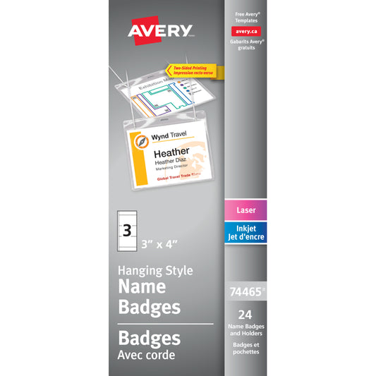 Kit de badges nominatifs laser/jet d'encre Avery Convention Style, 4" x 3", paquet de 24 (74465)