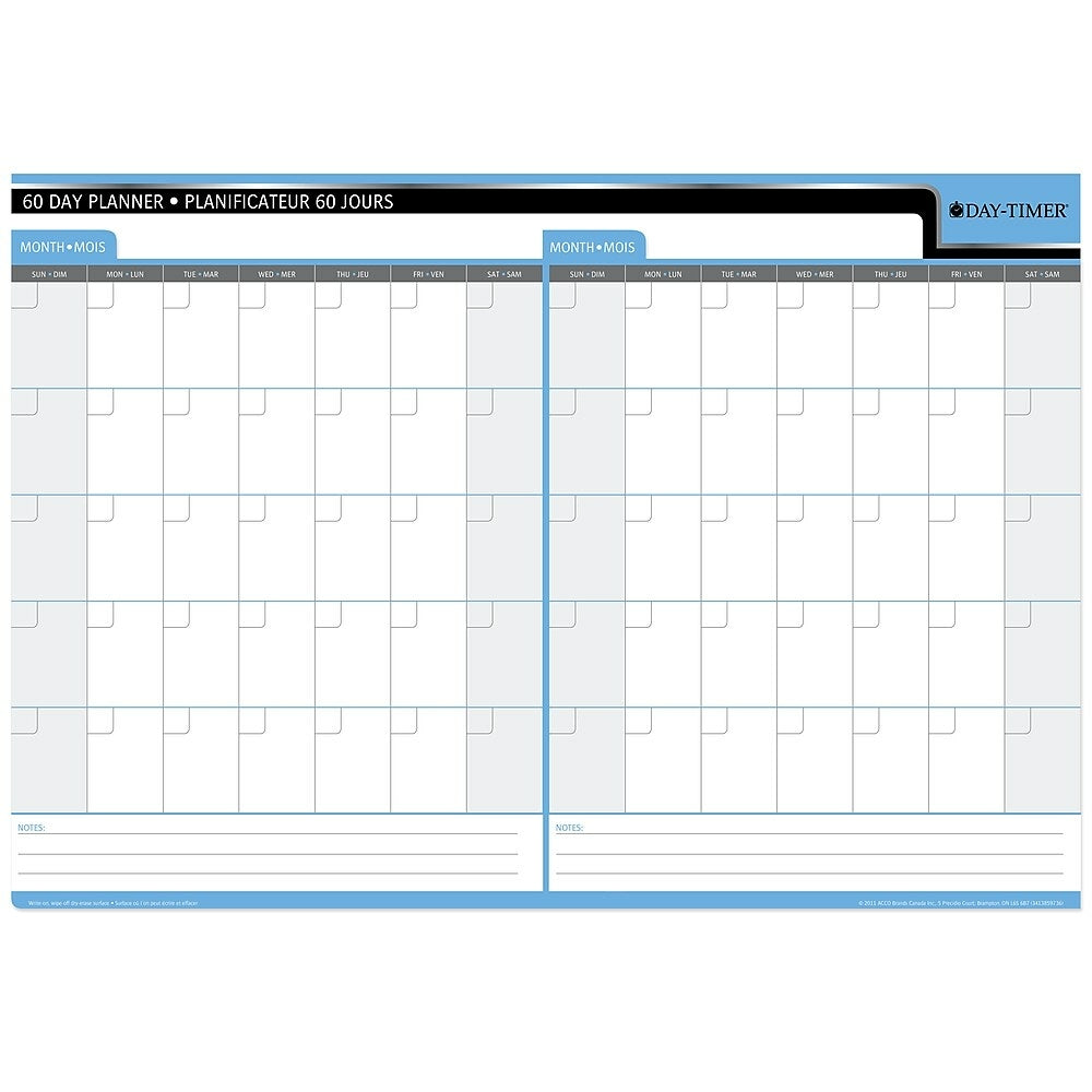 Day-Timer Undated Flexible Erasable 30/60-Day Wall Planner - 17" x 24" - Bilingual