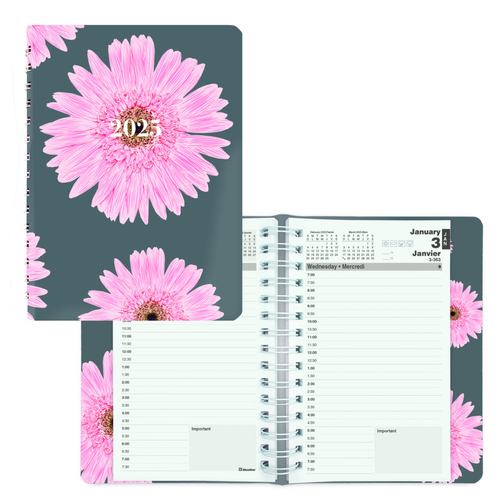 Agenda journalier/mensuel Blueline 2025 Ruban rose - 8" x 5" - Marguerite rose - Bilingue