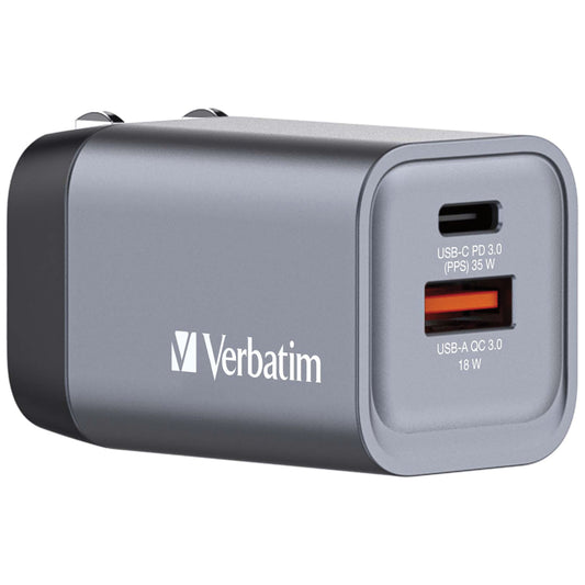 Verbatim 35 W 2-Port GaN Wall Charger - 1.90" L x 1.20" W x 1.30" H - Grey