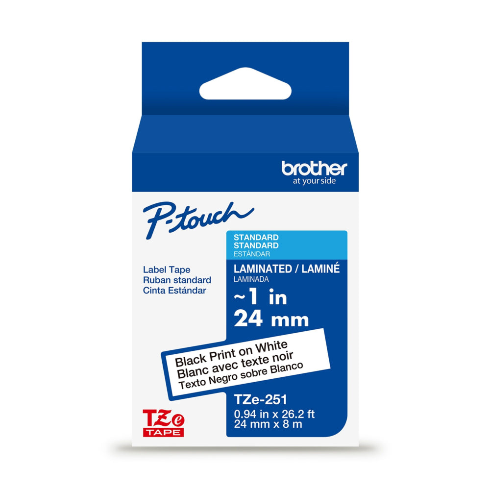 Ruban laminé noir sur blanc Brother TZe251 d'origine pour étiqueteuses P-touch, 24 mm de large x 8 m de long