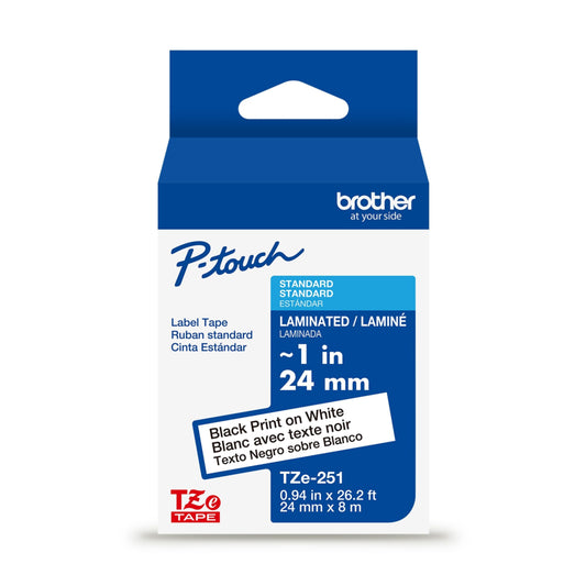 Ruban laminé noir sur blanc Brother TZe251 d'origine pour étiqueteuses P-touch, 24 mm de large x 8 m de long