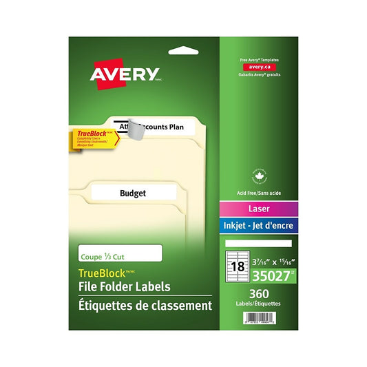 Avery TrueBlock – Étiquettes pour dossiers extra-larges, blanches, laser/jet d'encre, 3 7/16 x 15/16 po, 360/paquet (35027)
