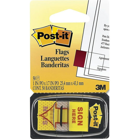 Post-it, flèches « Sign Here », 2,5 cm, jaune avec texte rouge, paquet de 50