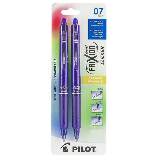 Stylos à encre gel effaçables Pilot Frixion Clicker, pointe roller, rétractables, rechargeables, 0,7 mm, violet, lot de 2 (BLRT-FR7-PE)