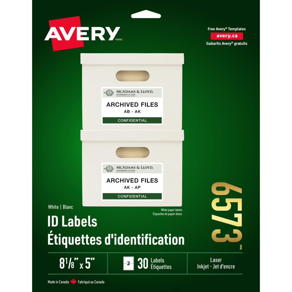 Avery White Laser/Inkjet Permanent I.D. Labels, 5" x 8 1/8", 30 Pack (06573)