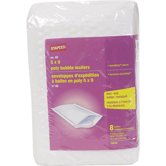 Staples QuickStrip Bubble Wrap Lined White Poly Protective Mailer, #00, 5"x 9", 8 Pack