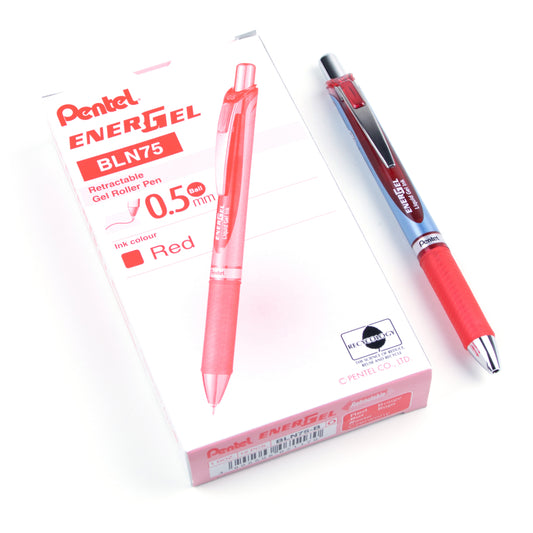 Pentel EnerGel Retractable Gel Roller Pen - Needle Tip - 0.5mm - Red - 12 Pack