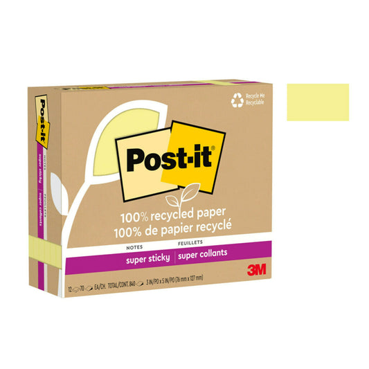 Post-it Recycled Paper Super Sticky Notes - 3" x 5" - Canary Yellow - 12 Pack