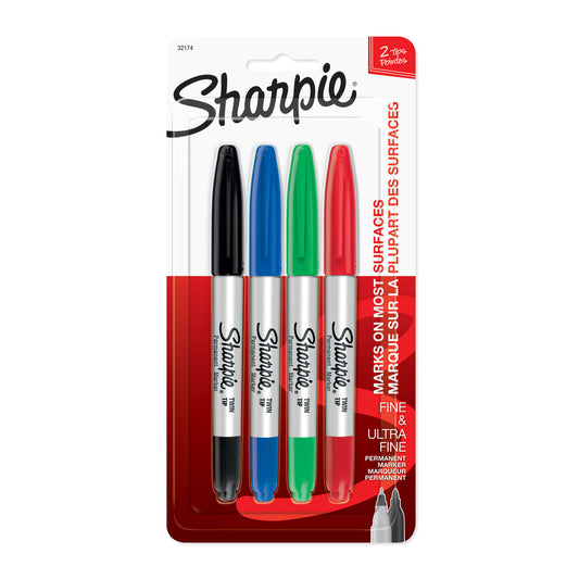 Marqueurs permanents Sharpie à double pointe – Fin et ultra fin – Couleurs assorties – Lot de 4