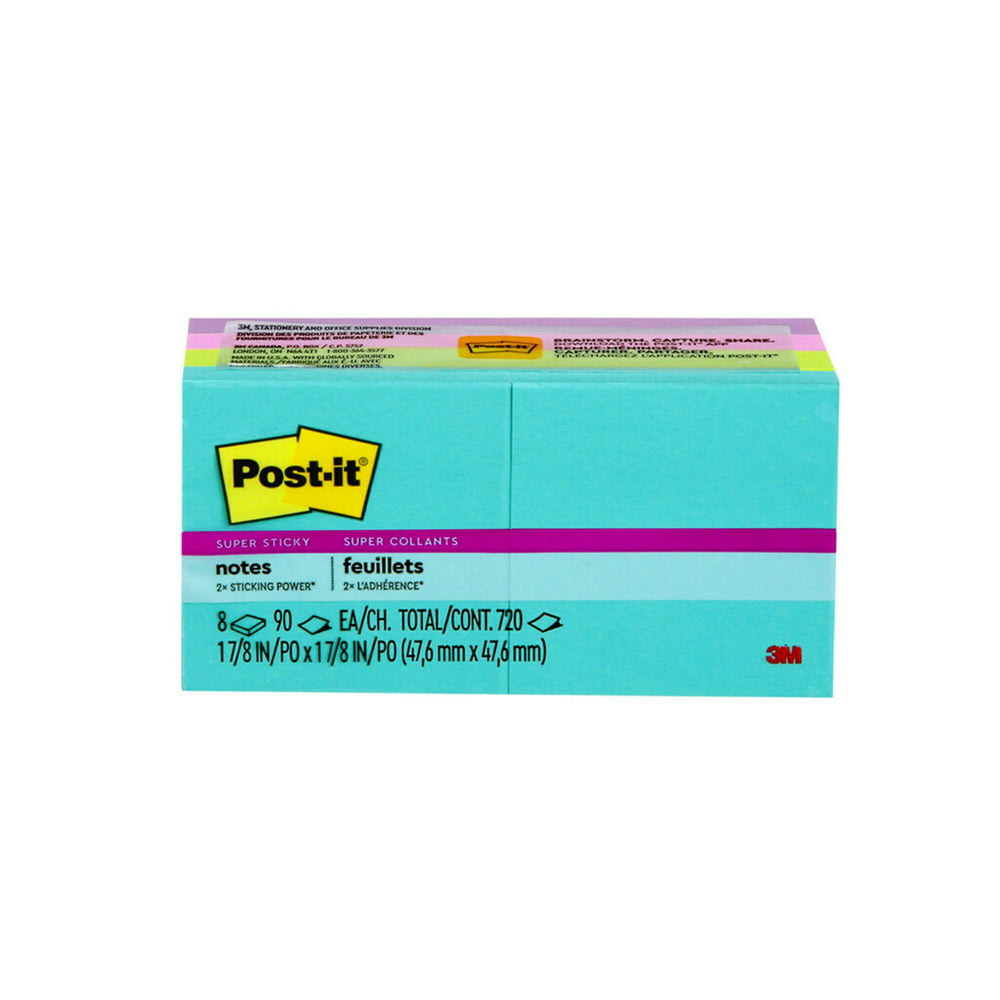 Notes Super Sticky Post-it - 1-7/8" x 1-7/8" - Collection Supernova Neons - 720 feuilles - Paquet de 8