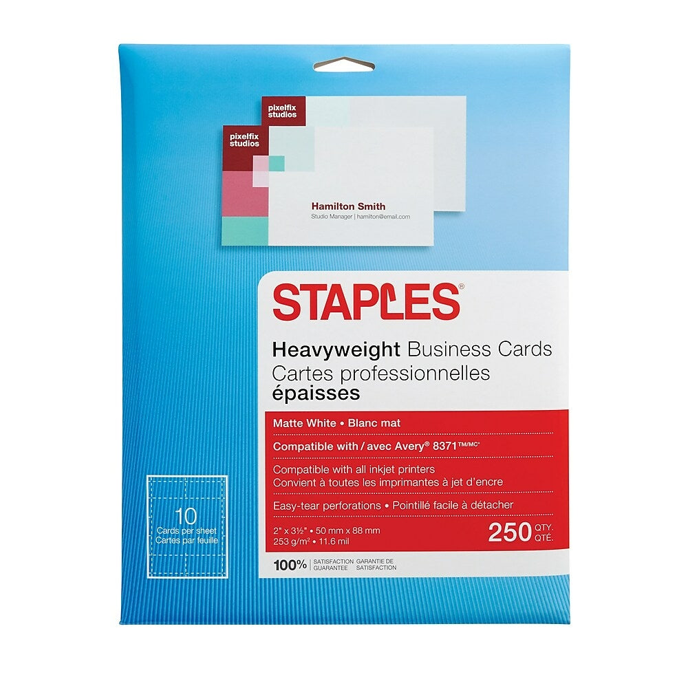 Cartes de visite Staples pour imprimantes jet d'encre - 5,1 cm x 8,9 cm - Blanc mat - Paquet de 250