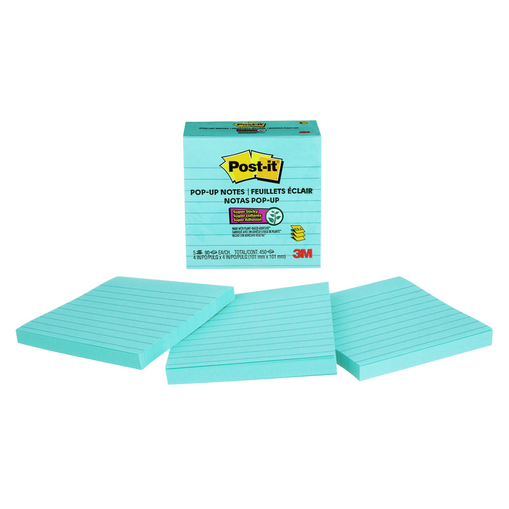 Post-it Super Sticky Lined Pop-up Notes - Aqua Wave - 4" x 4" - 5 Pack