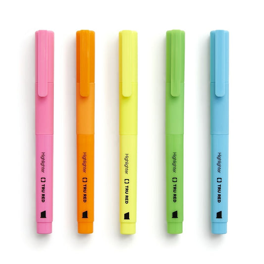 TRU RED Pocket Highlighter with Grip, Chisel Tip, Assorted, 5 Pack (TR54584)