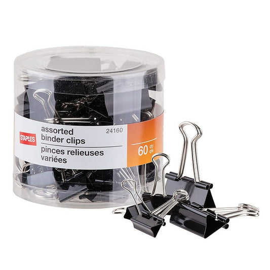 Staples Binder Clips - Assorted Sizes - Black - 60 Pack